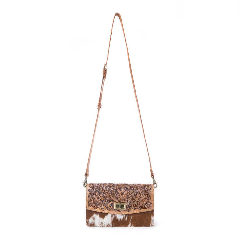 Dutton Ranch Yellowstone Russet Valley Handtooled Cowhide Bag in Warm Chestnut