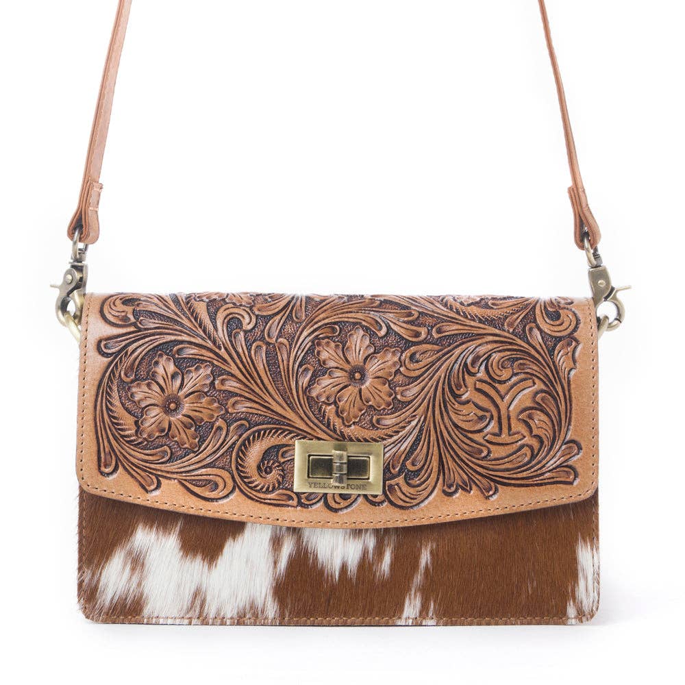 Dutton Ranch Yellowstone Russet Valley Handtooled Cowhide Bag in Warm Chestnut