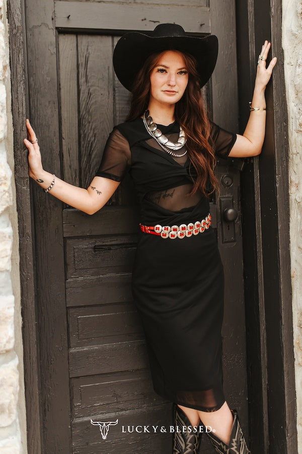 Vaquero Nights Cross Over Mesh Midi Dress – Black