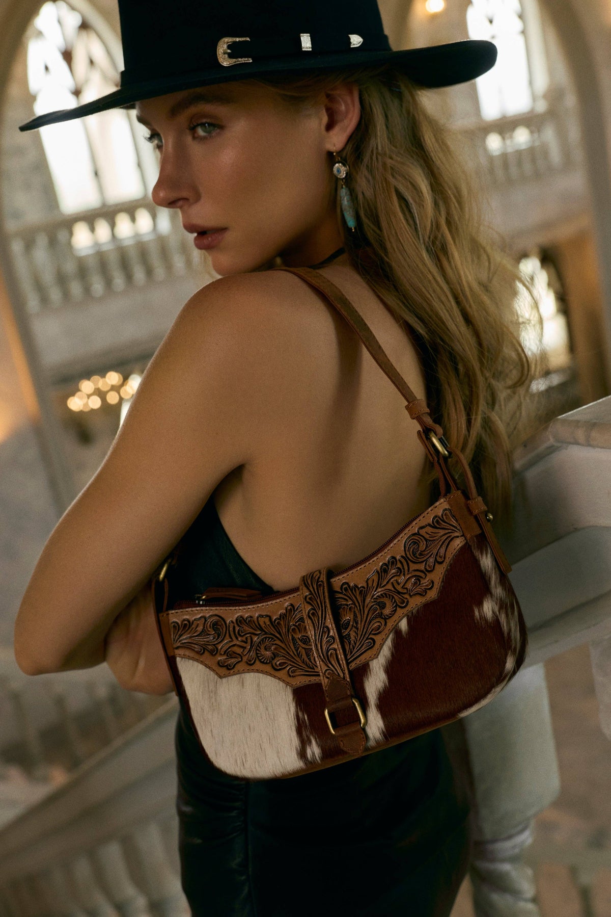 Yellowstone Timberline Handtooled Cowhide Bag in Walnut Brown