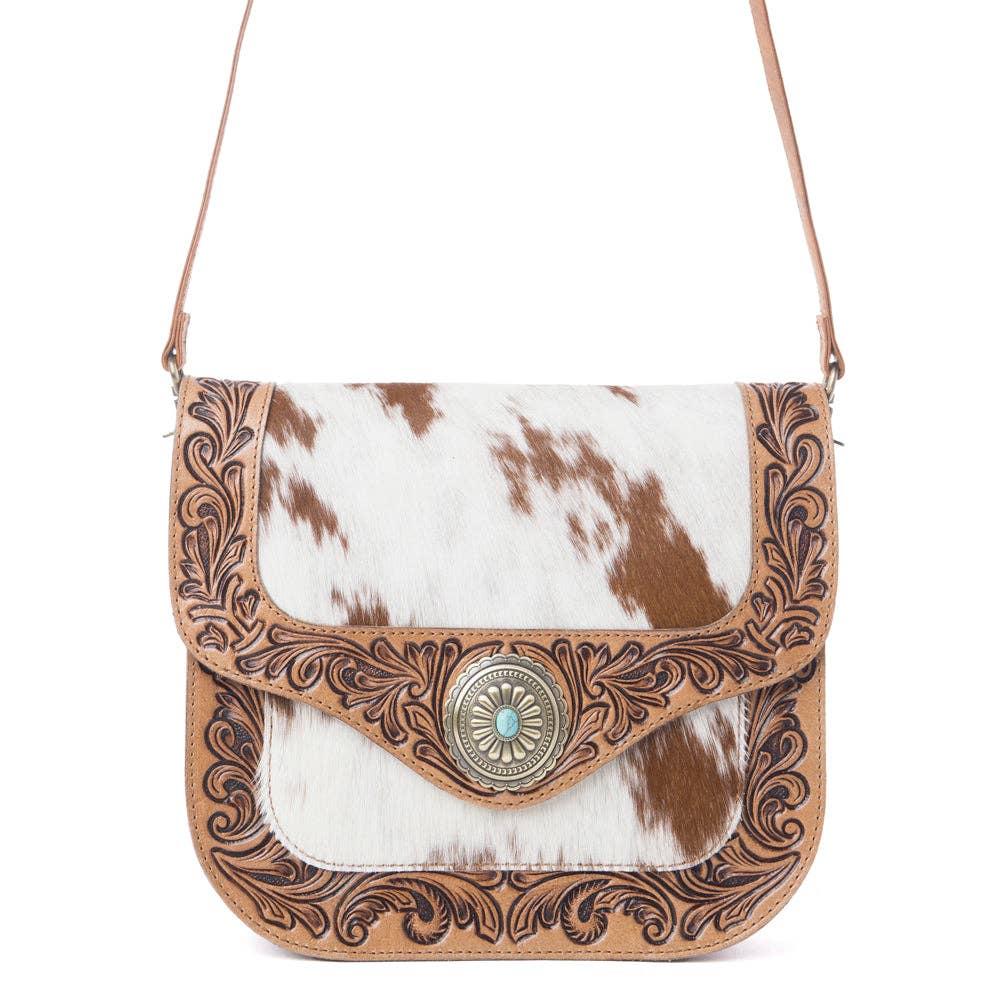 Yellowstone Frontier Ridge Handtooled Cowhide Bag in Oat Mocha