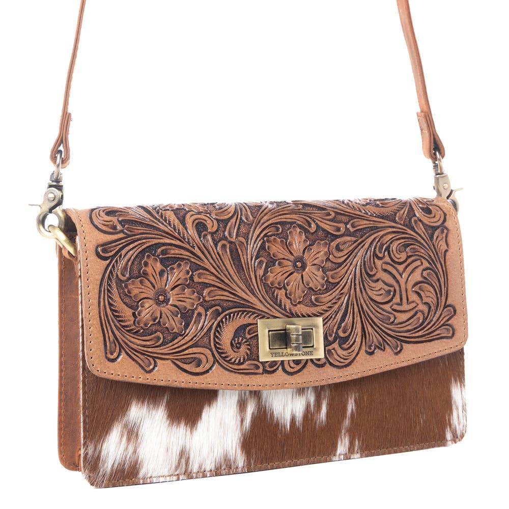 Dutton Ranch Yellowstone Russet Valley Handtooled Cowhide Bag in Warm Chestnut