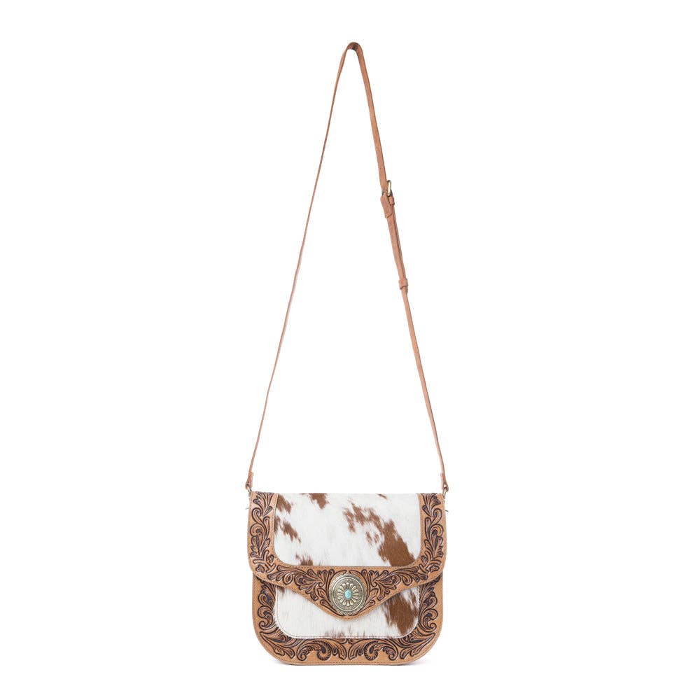 Yellowstone Frontier Ridge Handtooled Cowhide Bag in Oat Mocha