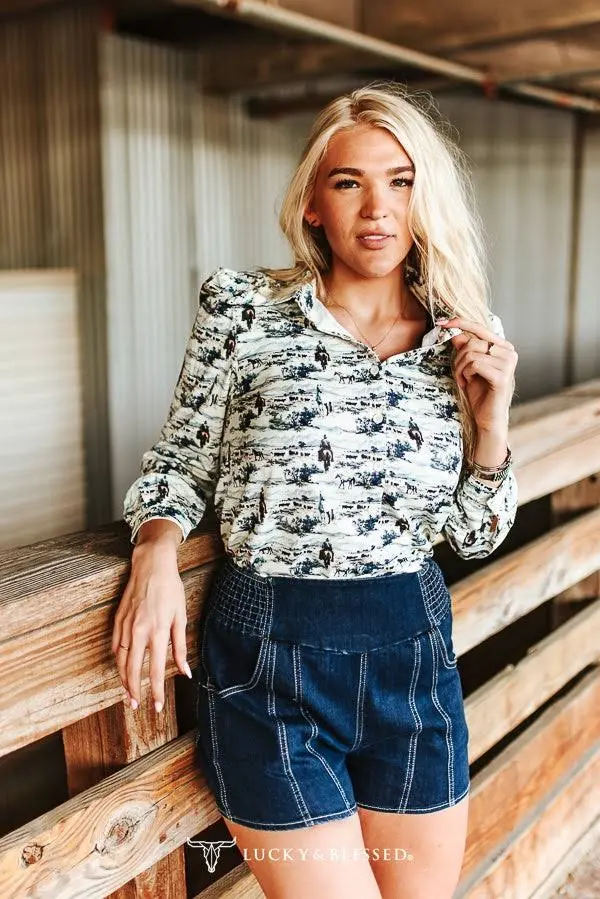 Western Printed Scenic Horse Pearl Snap Puff Long Sleeve Shirt