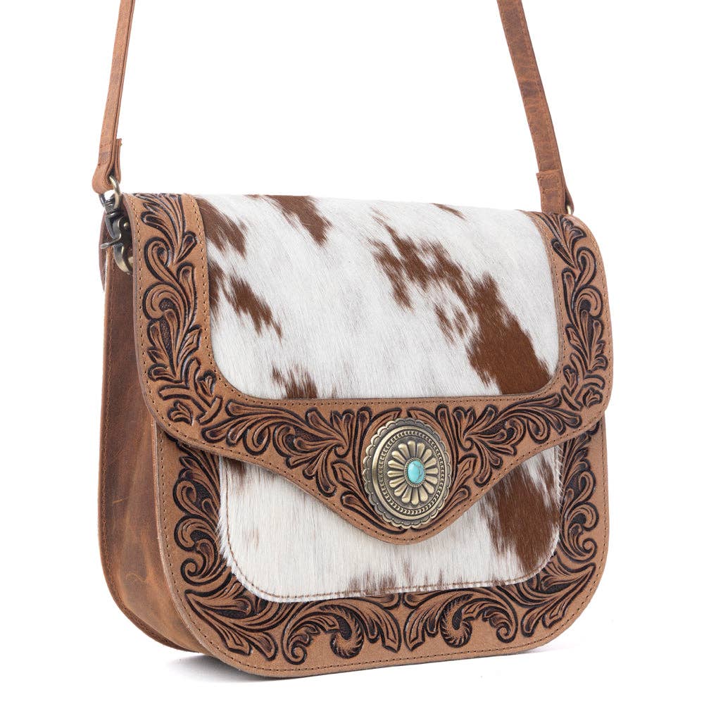 Yellowstone Frontier Ridge Handtooled Cowhide Bag in Oat Mocha