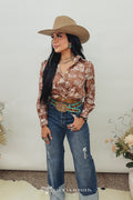 Dust Vintage Western Print Collar Button Down Long Sleeve Shirt