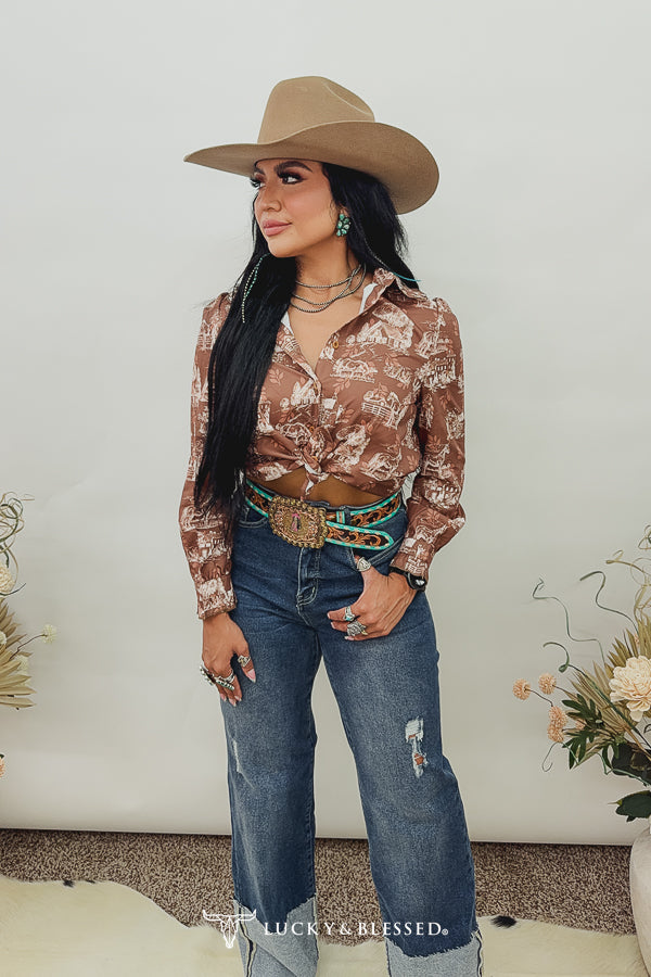Dust Vintage Western Print Collar Button Down Long Sleeve Shirt